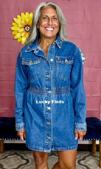 Happy Day Studded Denim Dress A321 Final Sale