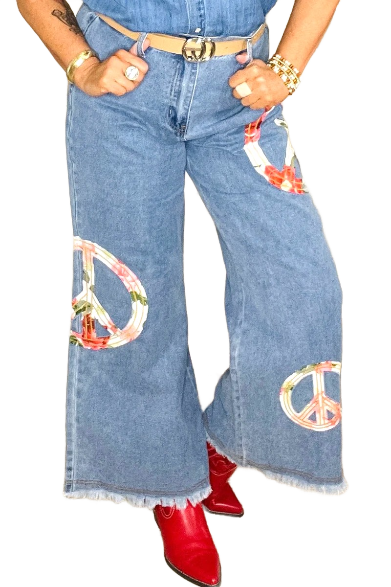 Floral Peace Patch Wide Leg Jeans D1738