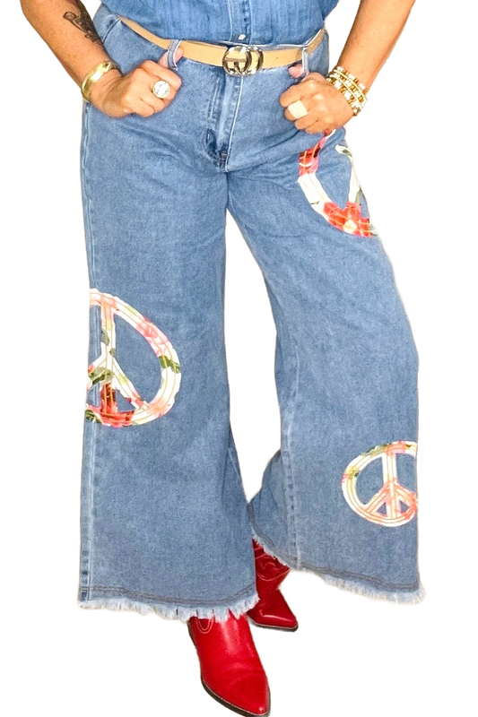 Floral Peace Patch Wide Leg Jeans D1738
