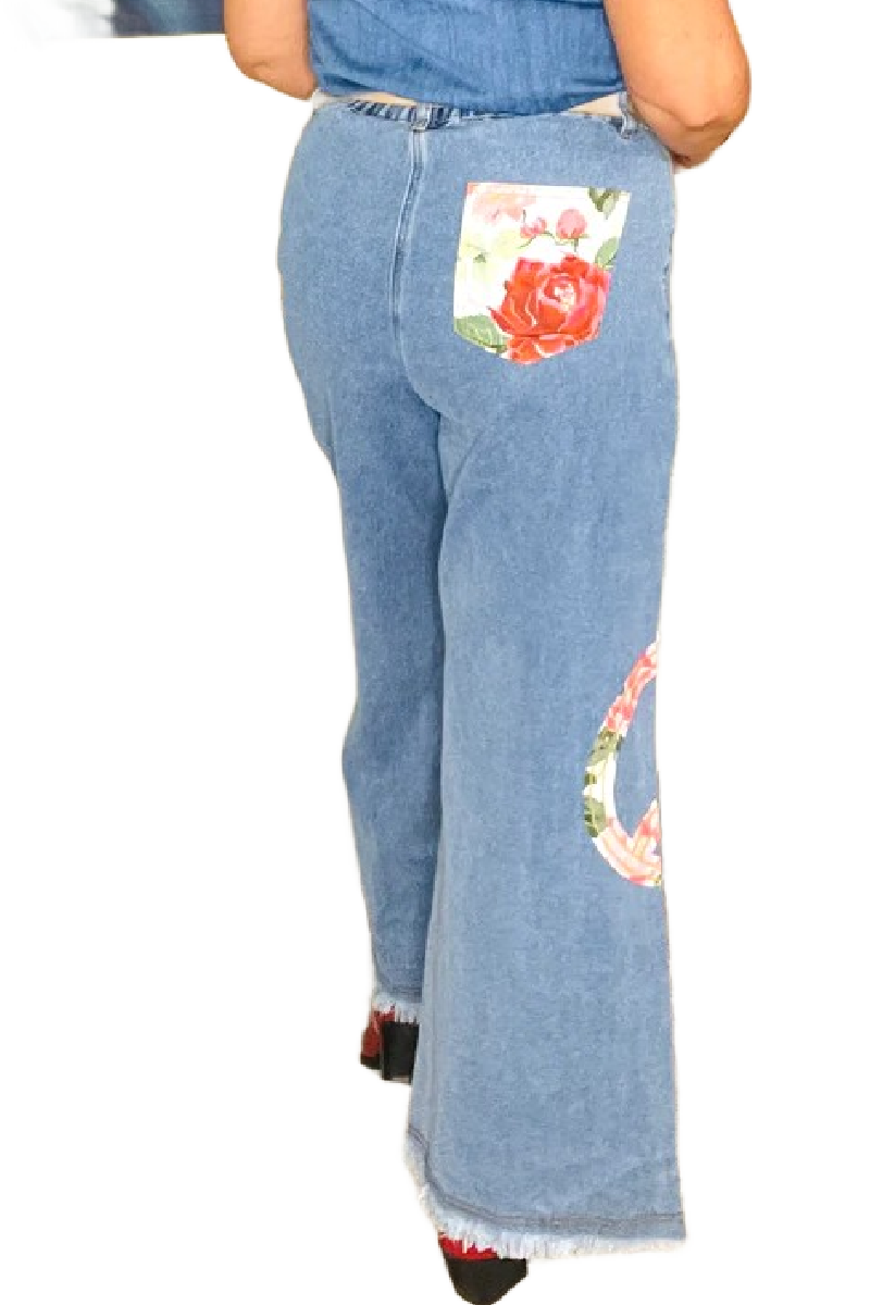 Floral Peace Patch Wide Leg Jeans D1738