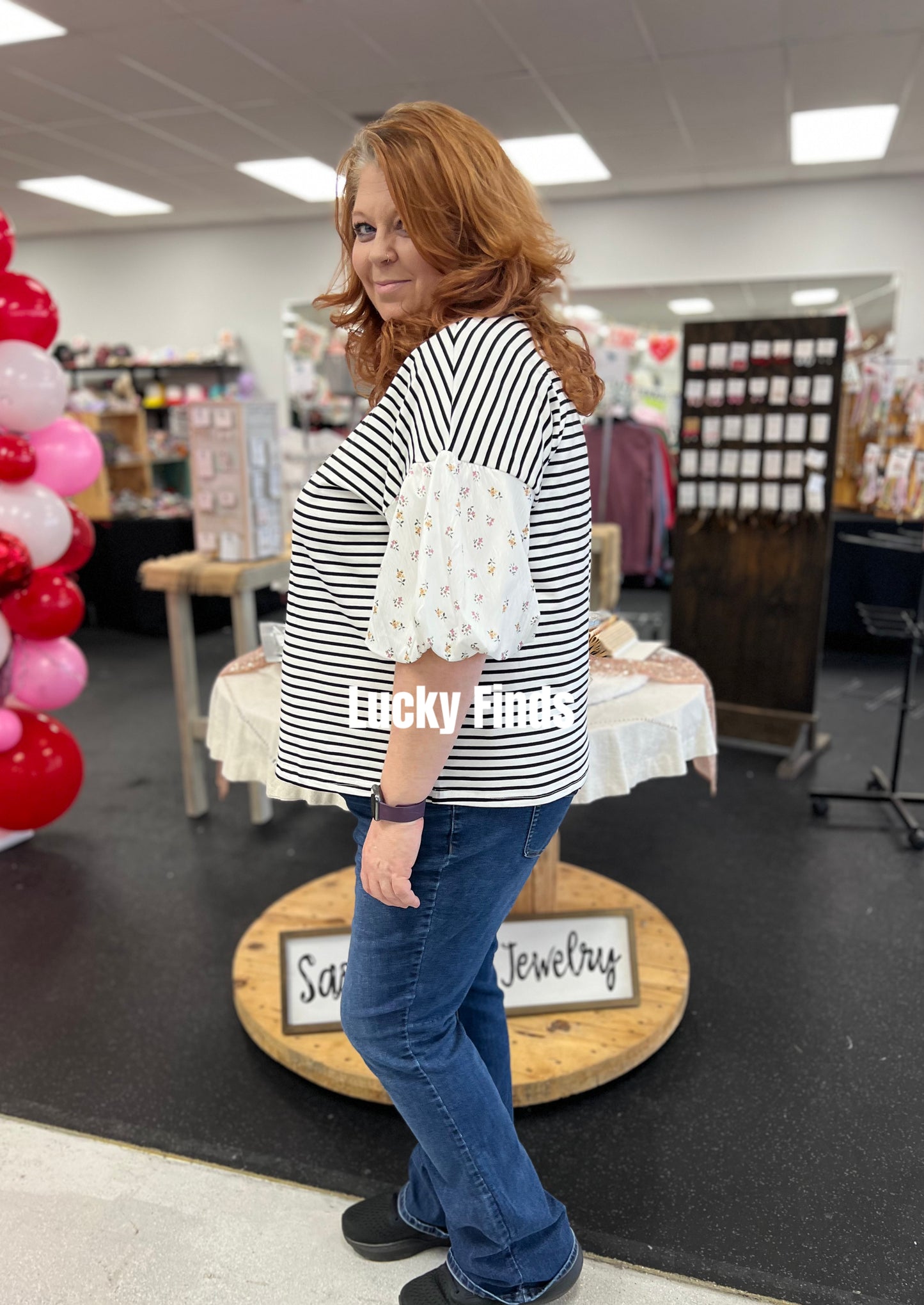 Fancy Stripe Puff Sleeves Top D1682