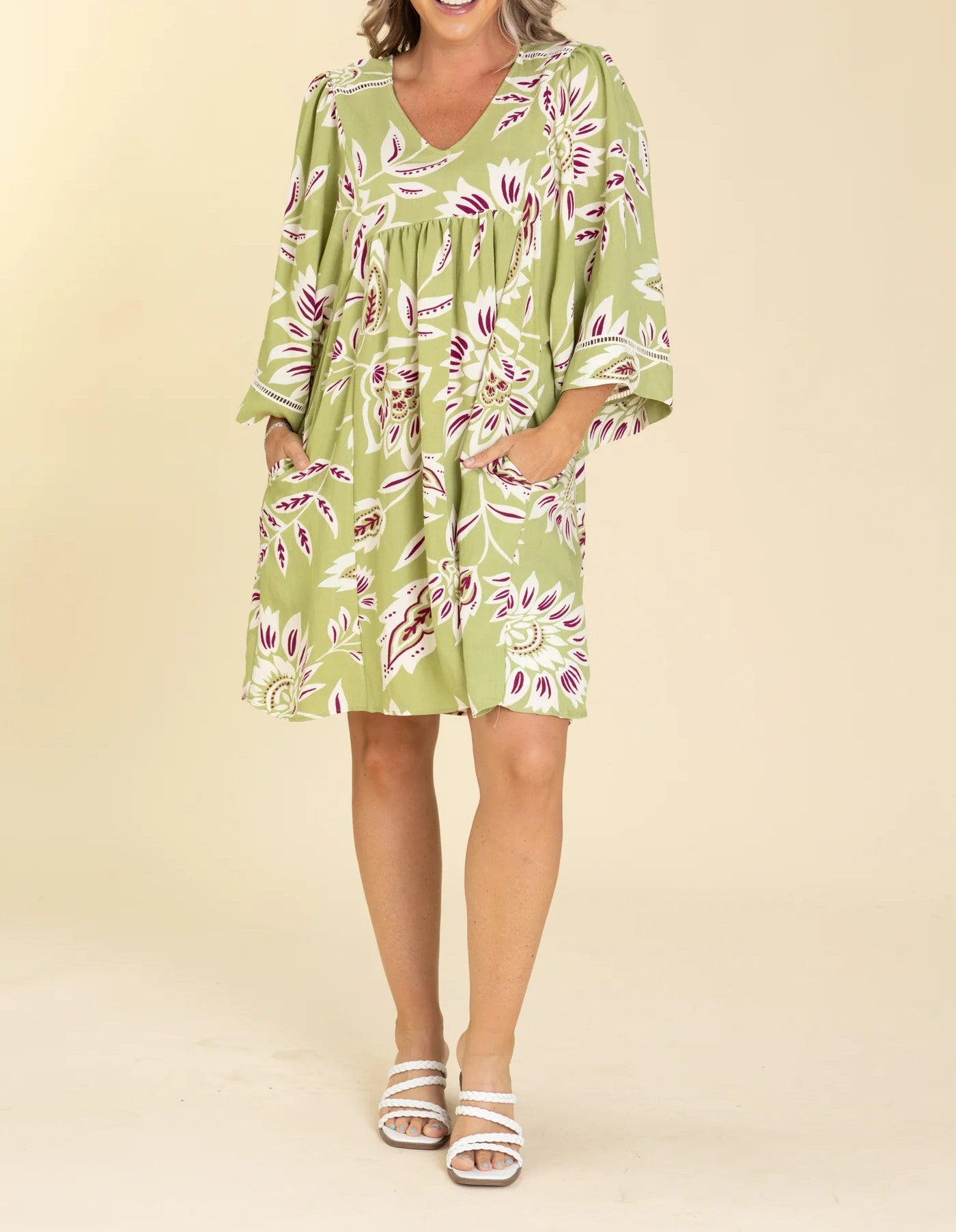 Easel Printed Wide Sleeve Dress P538