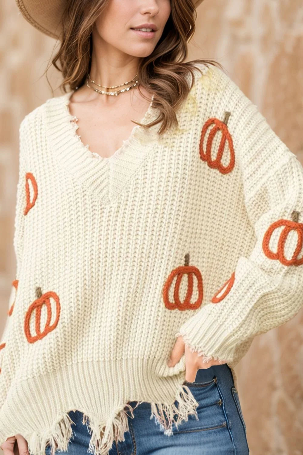 Pumpkin Embroidered Sweater W463