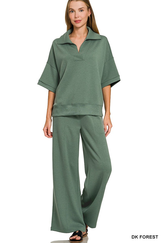 Trendy Collared Scuba Pants Set Z836