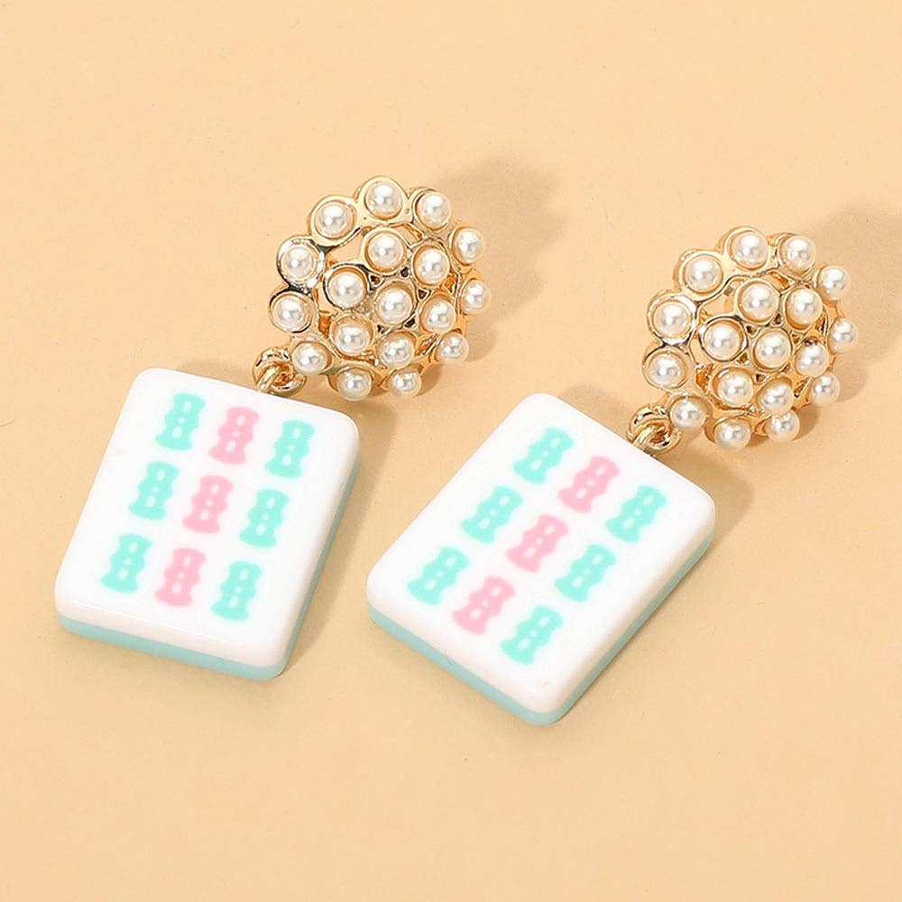 Pearl Floral Mahjong Tile Charm Drop Dangle Earrings