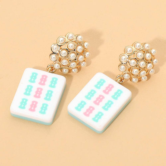 Pearl Floral Mahjong Tile Charm Drop Dangle Earrings