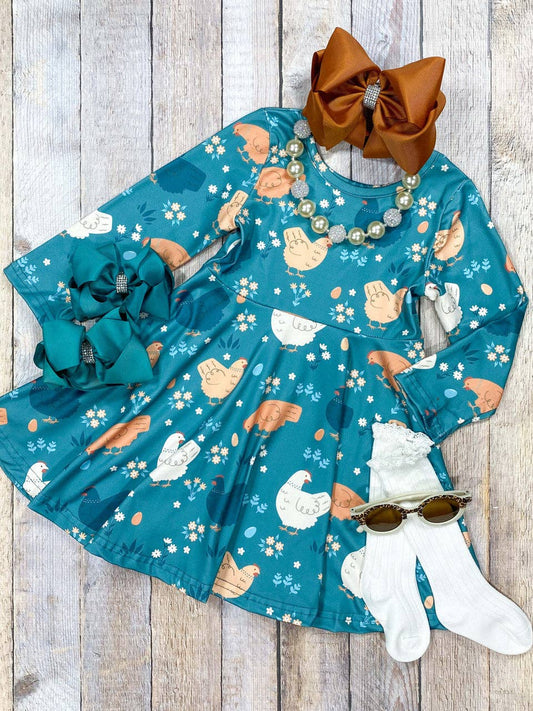 K160 Teal & Mustard Chickens Dress