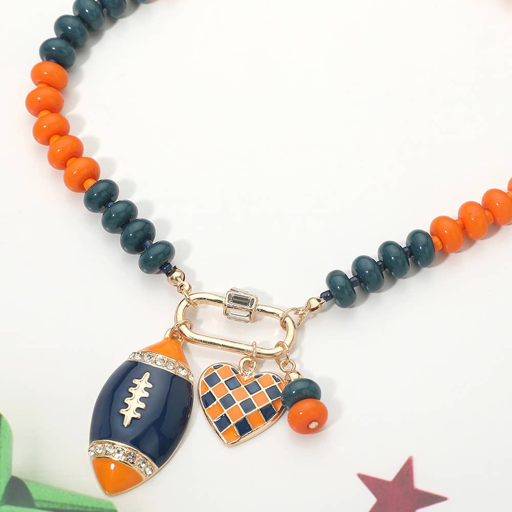 Gameday Football Heart Charm Carabiner Pendant Beaded Necklace
