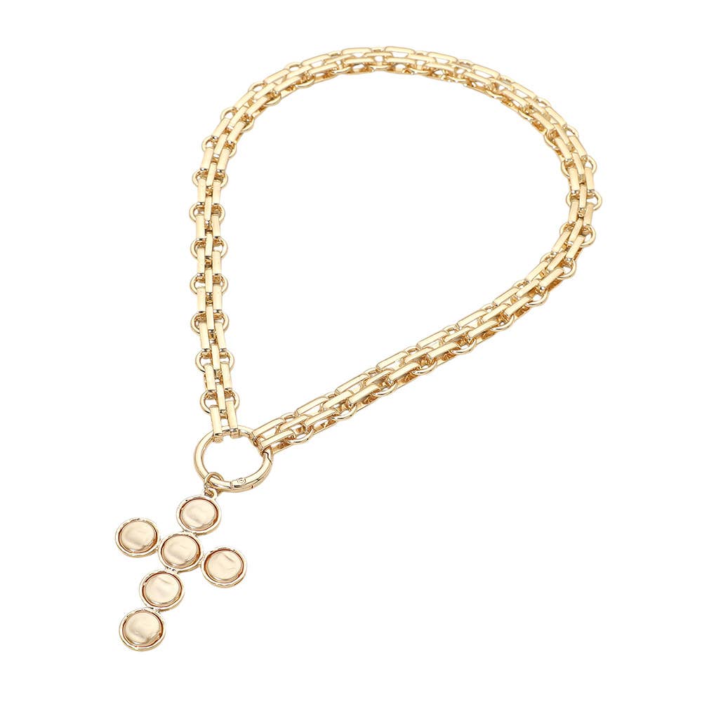 Pearl Cross Charm Pendant Chunky Chain Statement Necklace