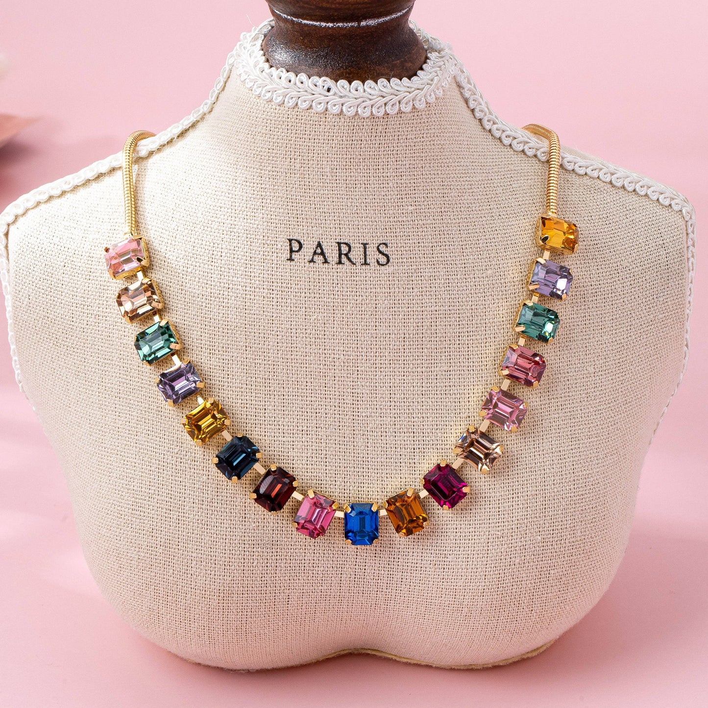 Rainbow Emerald-Cut Gemstone Statement Necklace