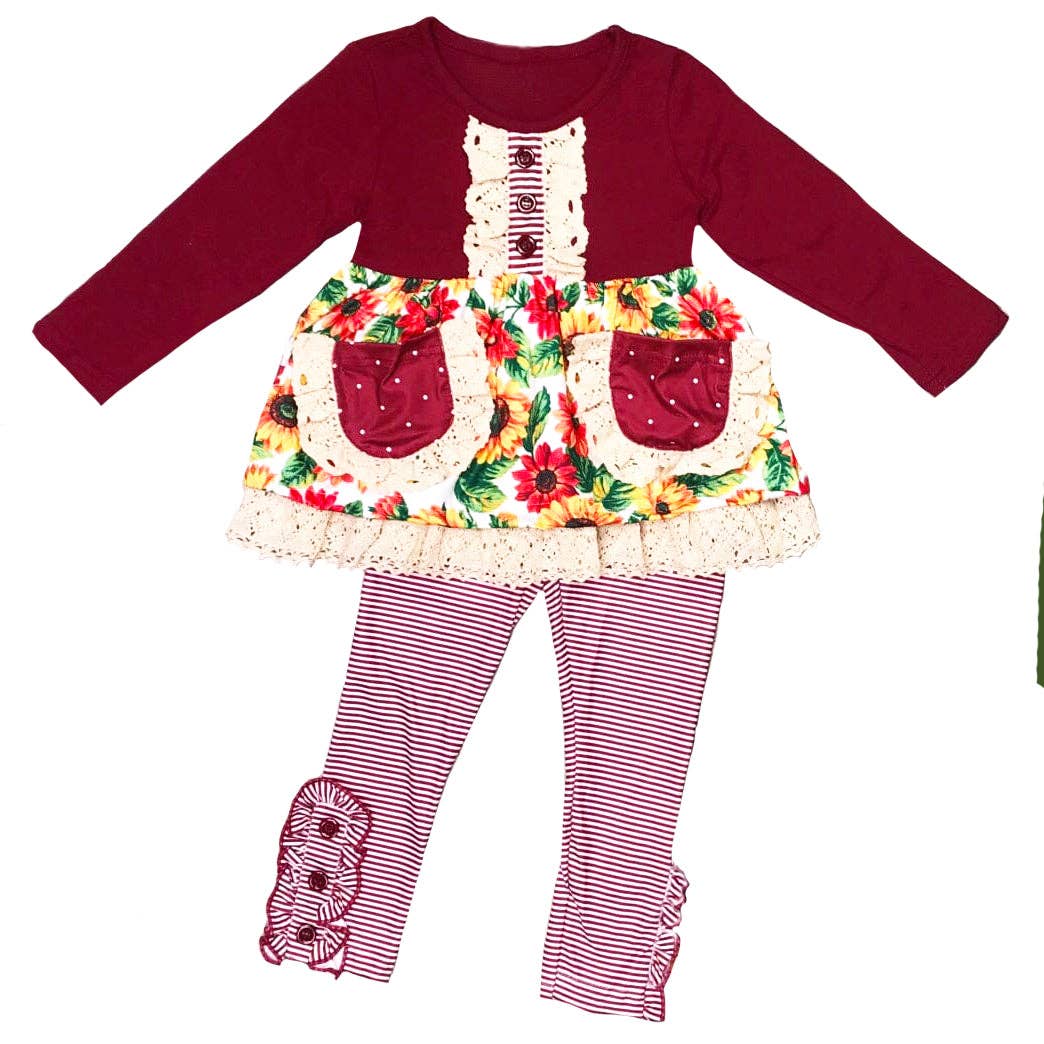 K105 Girls Boutique Outfit Burgundy Ruffle Tunic & Stripe