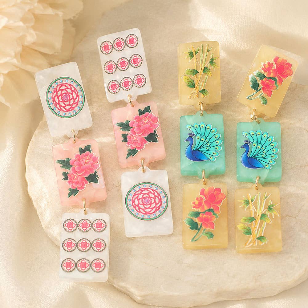 Triple Mahjong Tile Link Drop Earrings
