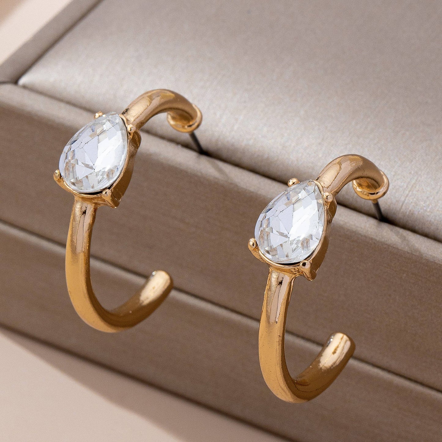 Solitaire Crystal Gold Hoop Earrings
