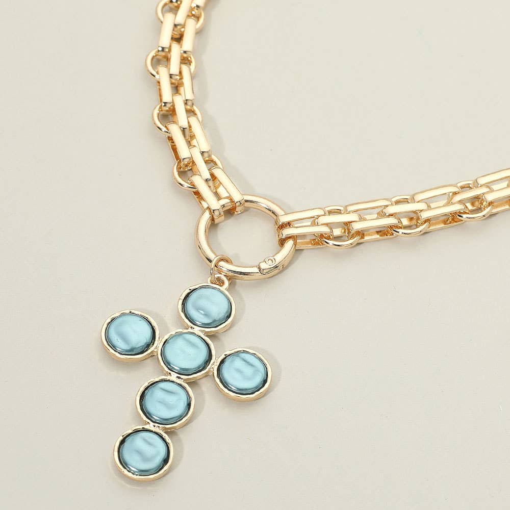 Pearl Cross Charm Pendant Chunky Chain Statement Necklace