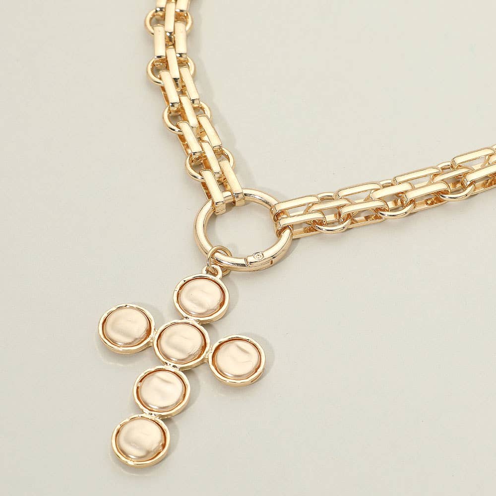 Pearl Cross Charm Pendant Chunky Chain Statement Necklace