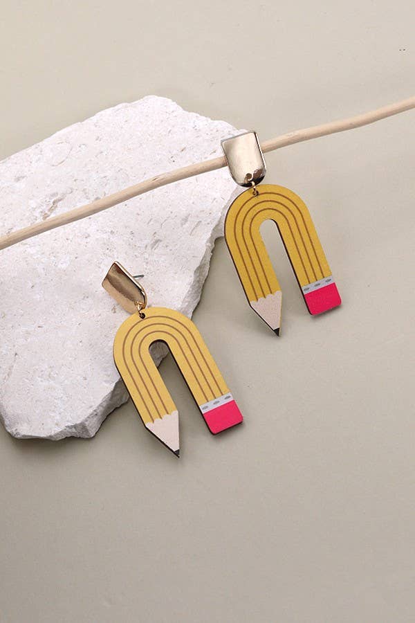 U SHAPE PENCIL WOOD DROP EARRINGS