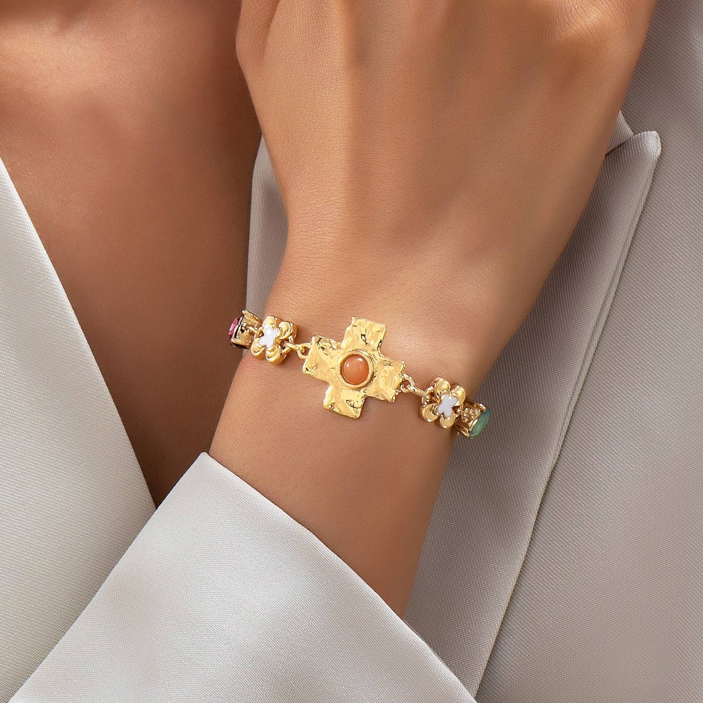 Floral Cross & Gemstone Charm Bracelet