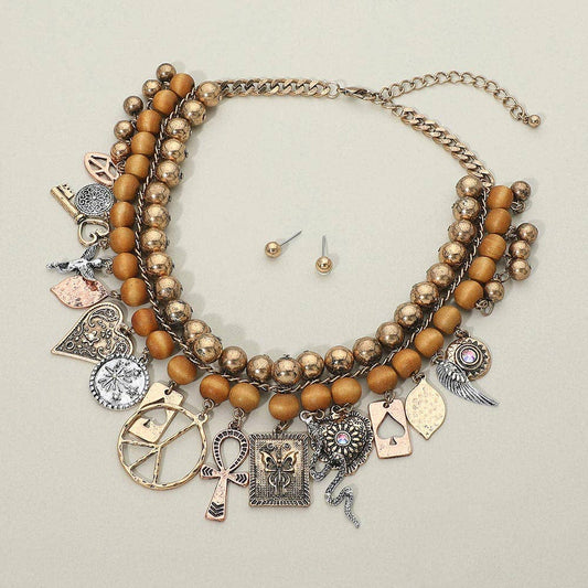 Boho Vintage Symbol Charm Station Statement Necklace