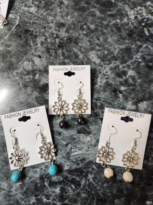 Flower Charm with Stone Bead Earrings JN552