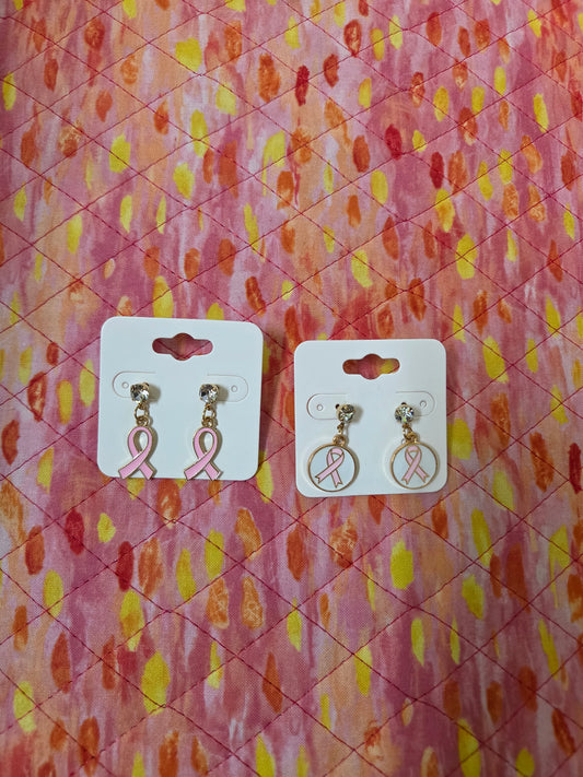 Breast Cancer Pink Ribbon Post Dangle Earrings E03