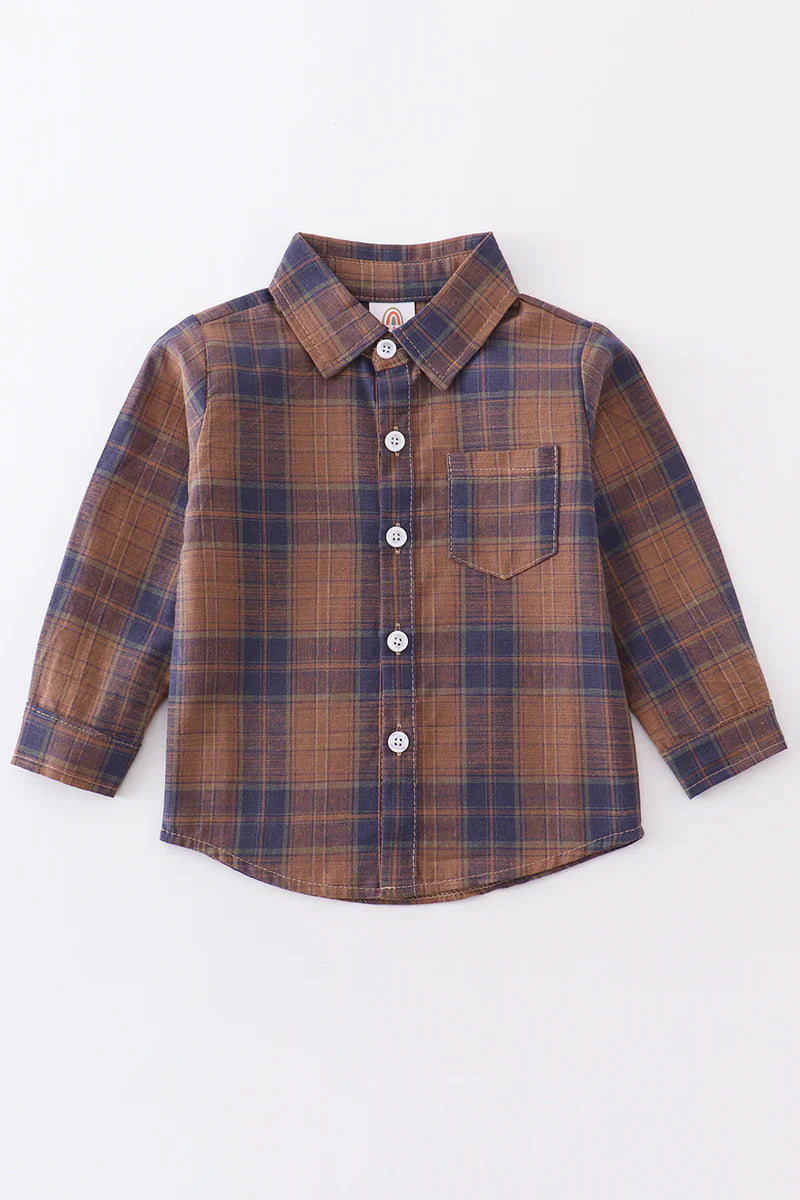 Navy and Brown Plaid Button Down Shirt