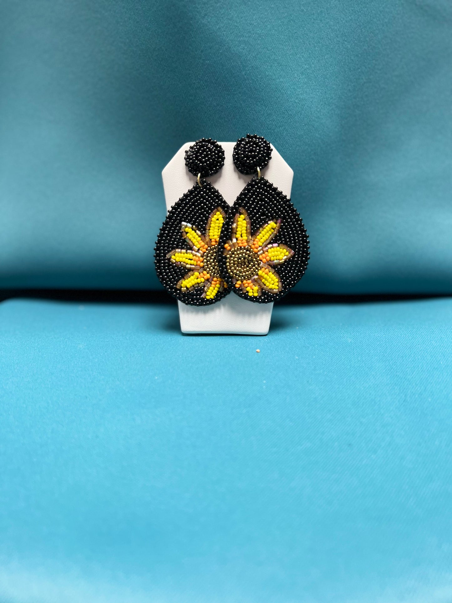 Beaded Sunflower Teardrop Earrings