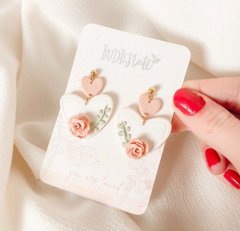 Pink Rose Heart Earrings - 1