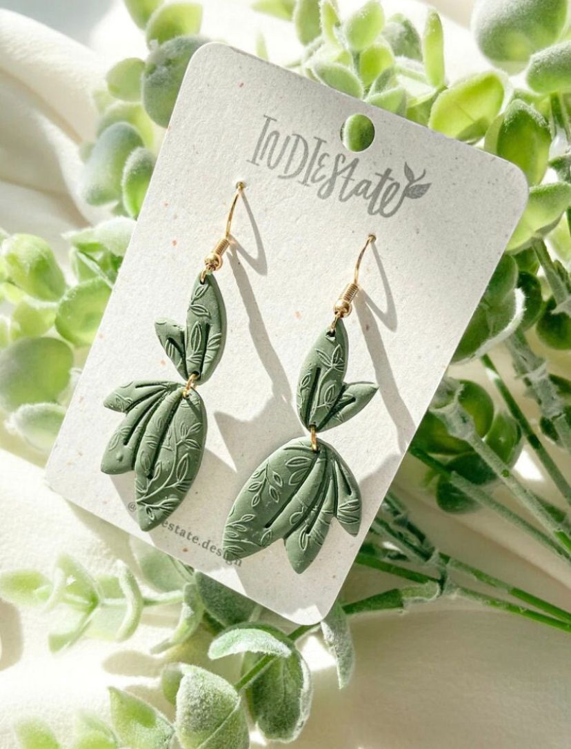 Green Leaf Imprint Dangles | Earrings - 1